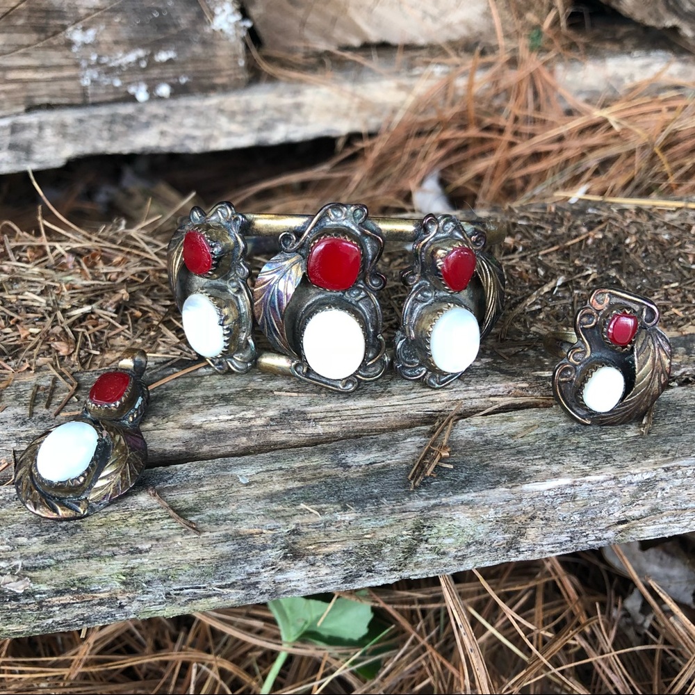 Heavy sterling vermeil native cuff pendant ring